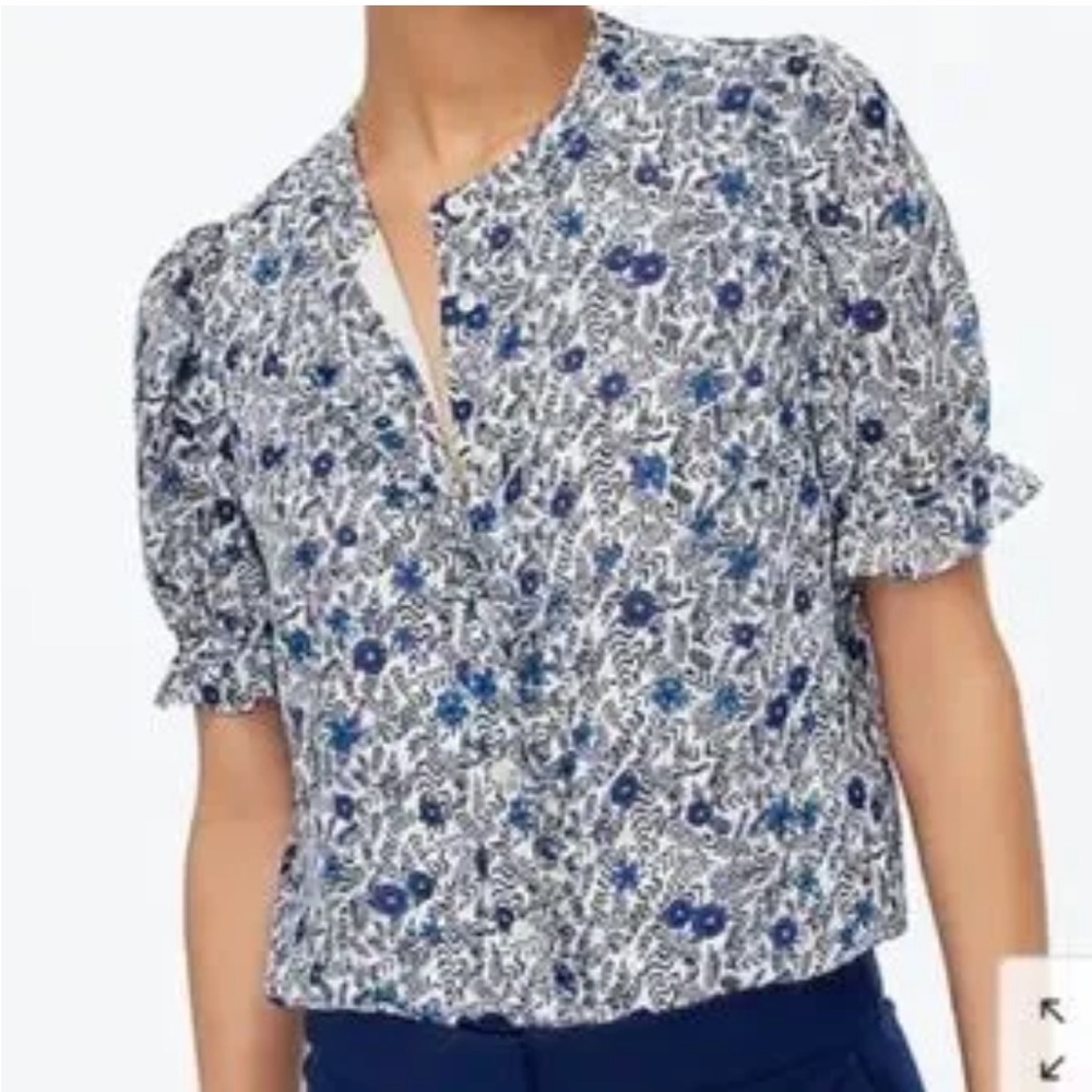 J.Crew Blue Floral Crinkle Puff-Sleeve Ruffle Button-Up Top - Picture 3 of 16